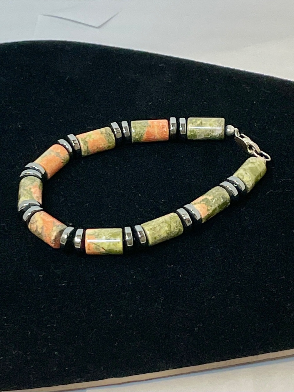 925 Sterling Silver Unakite Jasper Barrel Bead With Hematite Bracelet 8” Healing